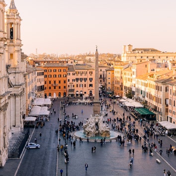 Rome skyline and Piazza Navona at sunset seen from above Lazio Italy